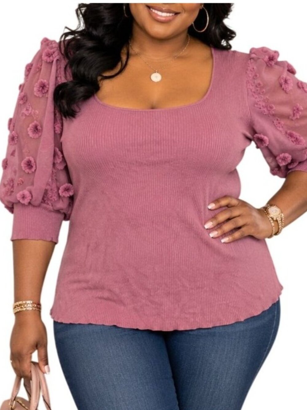 Cato Plus Size XL Top Blush Pink Floral Textured Puff Sleeve Knit